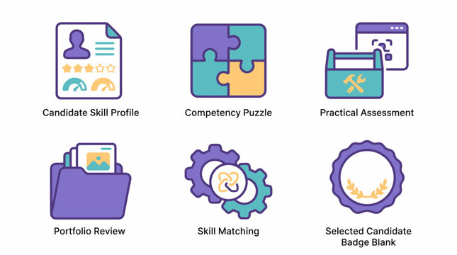 Candidate evaluation icons: skill profile, competency puzzle, practical assessment, review, matching, badge