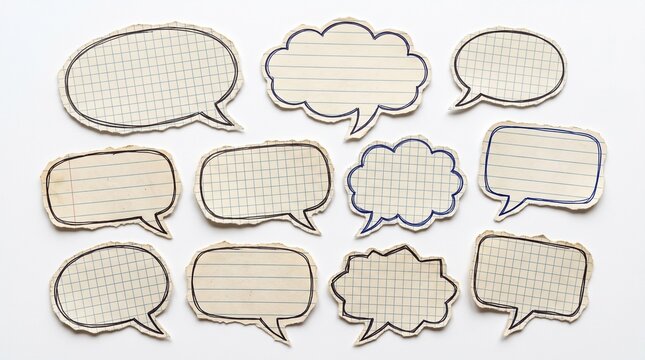 Set of hand drawn speech bubbles and thought clouds in different shapes for comic design and chat messages with a sketch style outline for creative communication and messaging