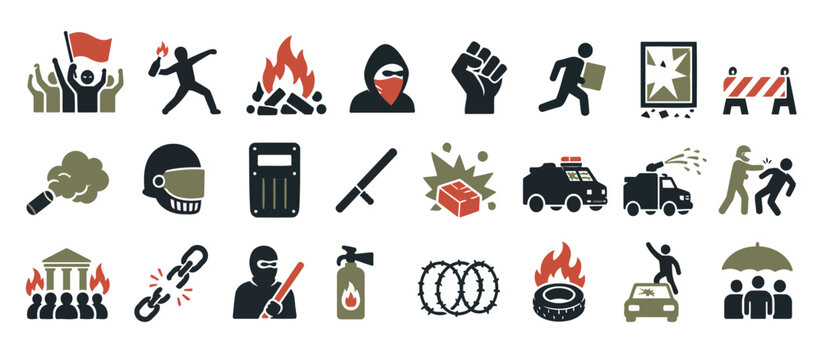 Collection of protest and riot icons and symbols.