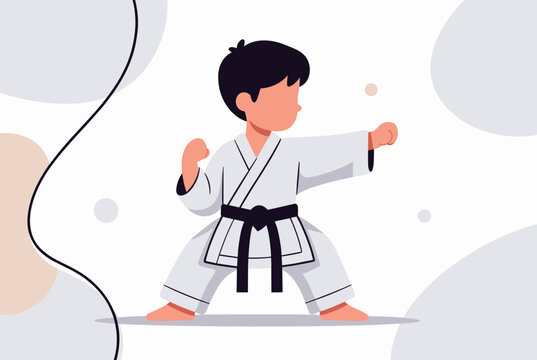 Young boy in a white karate uniform with a black belt practicing a punch pose against a modern abstract background.