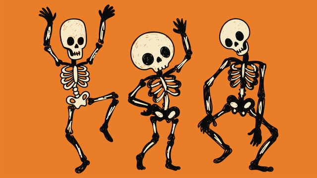 Dancing Halloween Skeleton Characters Hand Drawn Spooky Cartoon Set
