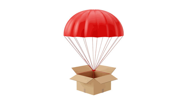 Vector illustration of cardboard box with a red parachute on a transparent background