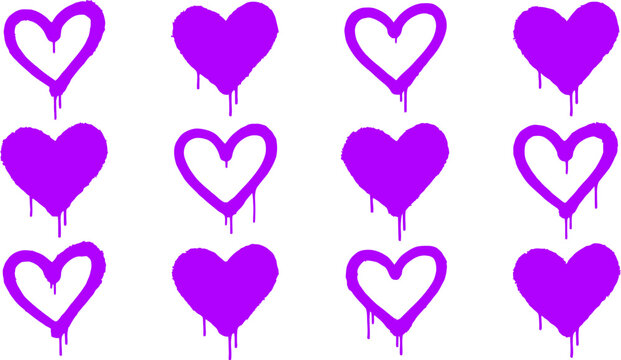 Graffiti heart vector set with purple spray paint drips, urban street art heart icons, 12 hand drawn paint splatter heart elements for romantic designs