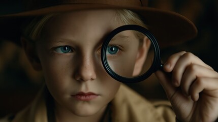 Fototapeta premium A child dressed as a detective interacts playfully with a magnifying glass exploring and discovering in a fun and imaginative way.