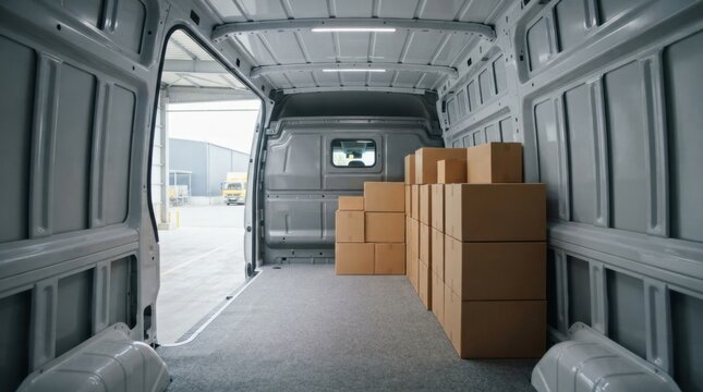 Delivery Van Interior Loaded with Sealed Boxes