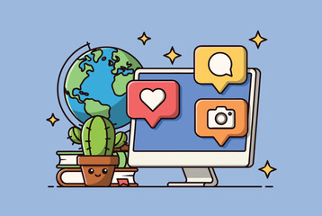 Naklejka premium Computer monitor showing social media icons with globe books and cute cactus representing global digital communication.