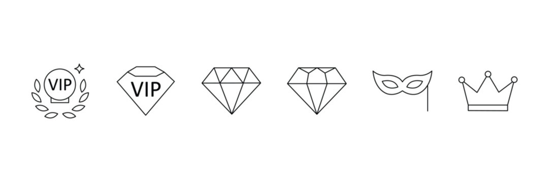 Exclusive VIP membership luxury crown diamond premium loyalty privileges line icon vector set editable stroke.