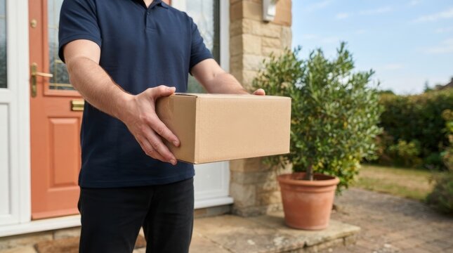 Courier Delivering Unmarked Parcel at Front Door