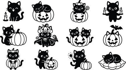 Set of cute black cat silhouettes for halloween featuring pumpkins, candles, bats, and magic wands on a white background © FayazAhmed