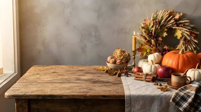 Rustic Autumn Harvest Table With Pumpkins Cozy Coffee And Copy Space Background Display