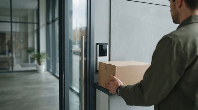 Courier with Plain Carton at Modern Apartment Entrance