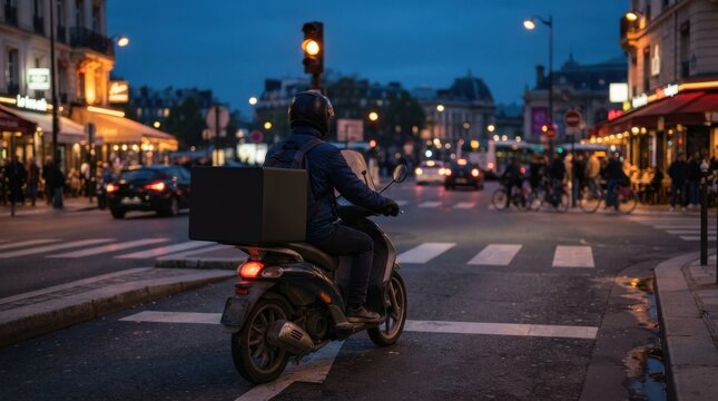 Twilight Delivery Rider on Scooter at Junction
