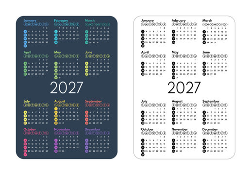 2027 colorful and monochrome simple vertical pocket size calendar template, dark gray and white background, sunday first
