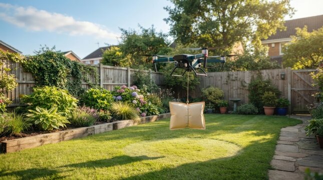 Drone Delivering Parcel in Garden