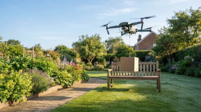 Compact Courier Drone Over Green Hedge in Morning Light