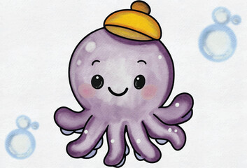 Obraz premium Cute purple watercolor octopus wearing a yellow hat smiling with blue bubbles