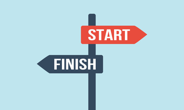 start finish signpost, successful choice vector concept, different way or alternative illustration, opposite direction traffic sign