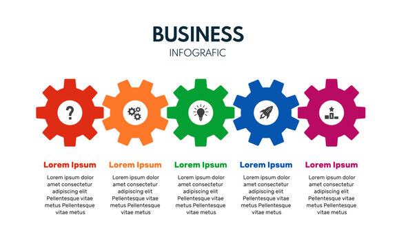 5 steps gear wheel diagram inforgaphic, report or presentation vector template, business process or timeline illustration