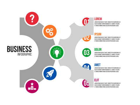 5 steps gear wheel chart, cycle diagram inforgaphic, report or presentation vector template, business process illustration
