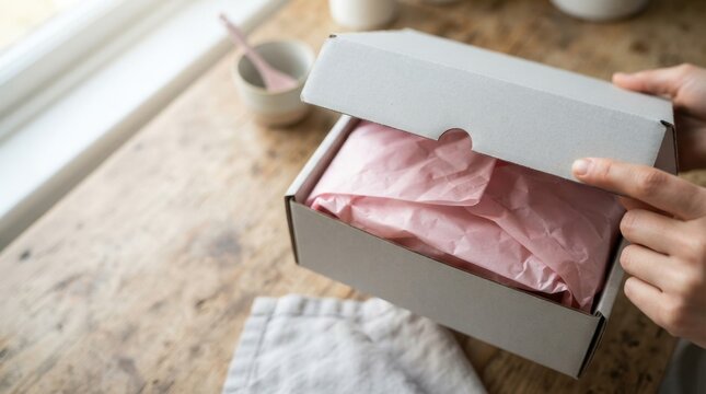 Overhead View of Fingers Lifting Box Flap on Kitchen Table