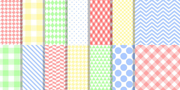 geometric rainbow pastel colors seamless patterns collections, lumberjack and polka dots,