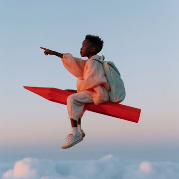 Child with backpack sitting on a giant red pencil above clouds pointing ahead for imaginative poster and children's adventure background