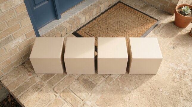Neat Row of Plain Cartons on Porch