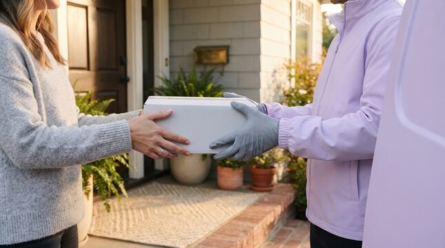 Gloved Hands Passing a Blank Box on a Porch
