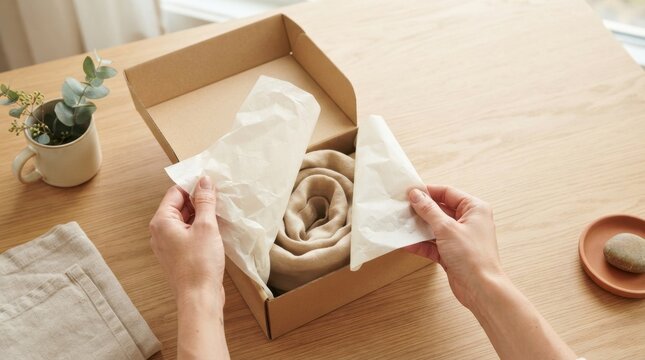 Hands Unfolding Tissue Paper from a Box