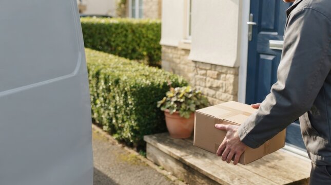 Courier Delivering Unmarked Parcel at Front Door
