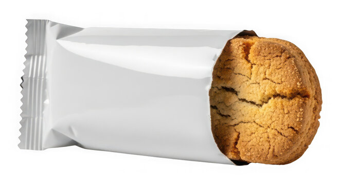 A single delicious cookie inside a blank white wrapper packaging