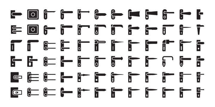 Door handle icons set isolated on transparency grid background. vector black door levers collection.