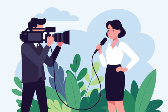 Female television reporter speaking into a microphone while a professional cameraman films her on location.