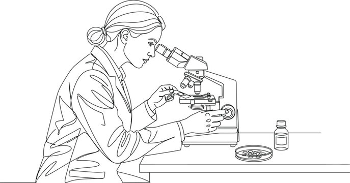 Female scientist looking through a microscope in a laboratory line art vector illustration