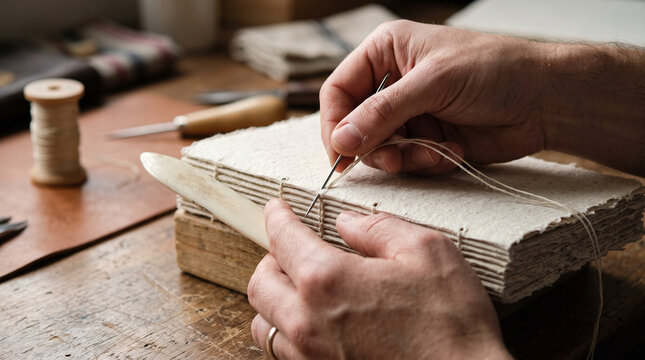Close Up Hand Sewing Vintage Book Spine in Bookbinding Craft Workshop