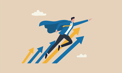 Fototapeta premium professional expert grow business, career development or leadership, winner motivation concept, businessman superhero flying high in the sky with growth rising up arrows
