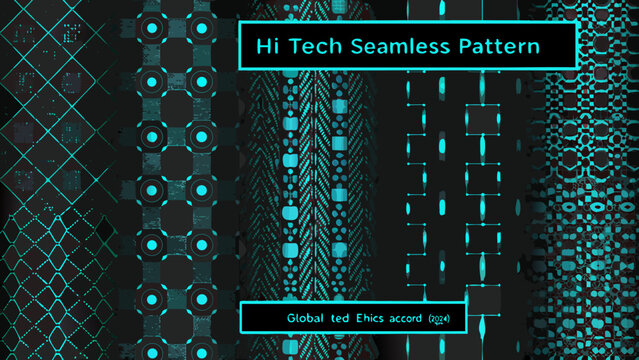 Cyan geometric pattern with repeating circles and rectangles a hi tech seamless design on a dark background