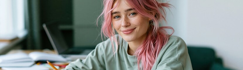 Obraz premium Closeup of young female student with pink hair smiling while studying and writing for education background and tutoring banner and profile image use