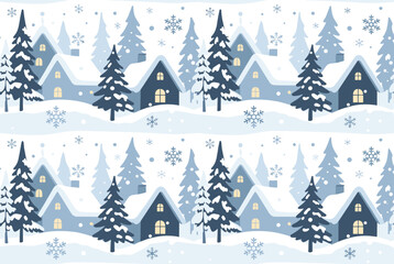 Obraz premium Beautiful seamless winter landscape pattern with cozy snowy houses and green pine trees under falling snowflakes.
