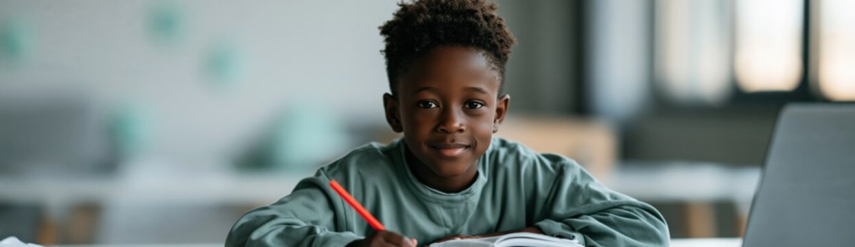 Smiling schoolboy studying at desk with laptop and pencil for education background and learning banner design for schools and tutoring
