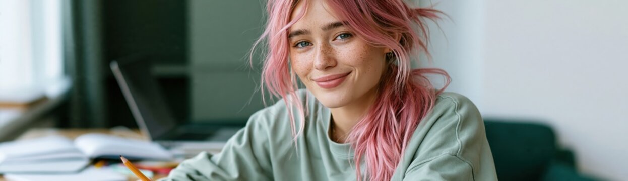 Closeup of young female student with pink hair smiling while studying and writing for education background and tutoring banner and profile image use
