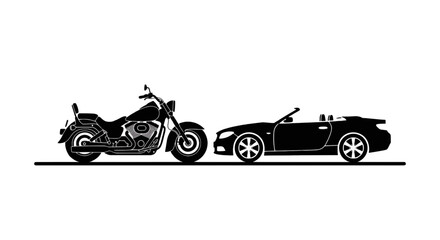 Obraz premium Vector illustration of silhouette of a motorcycle and a convertible car side by side on a transparent background