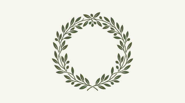 Olive branch wreath circular frame illustration on beige background for classic mediterranean design branding and peace symbols
