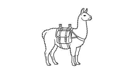 Pack llama carrying trek saddlebags line art illustration. © Asol