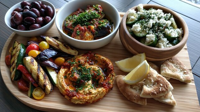 Delicious food spread on a wooden board with different dishes and fresh ingredients served for a meal