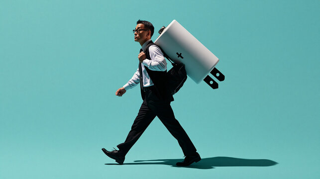 Businessman Carrying Large Battery Running Forward