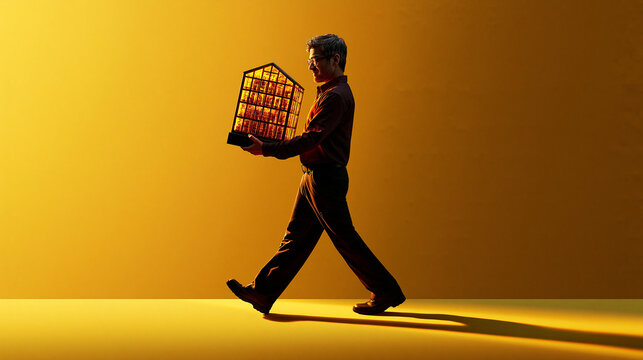 Businessman Carrying Illuminated Data Server Cage