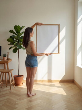 Blank wooden poster frame mockup held by a woman standing in a bright minimalist room with a fiddle leaf fig