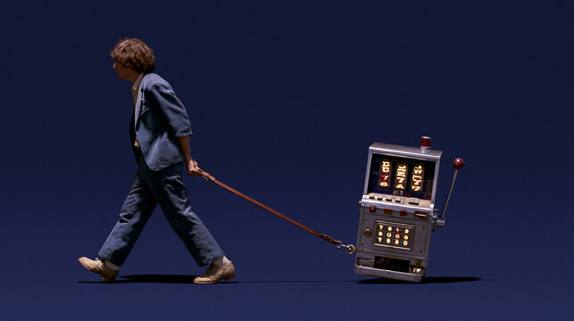 Man Pulling Slot Machine on Leash