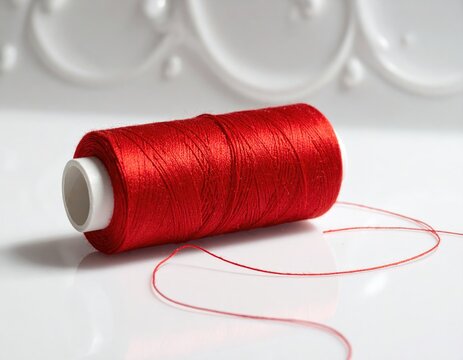 A vibrant red spool of thread lies on a clean white surface, with a loose end trailing